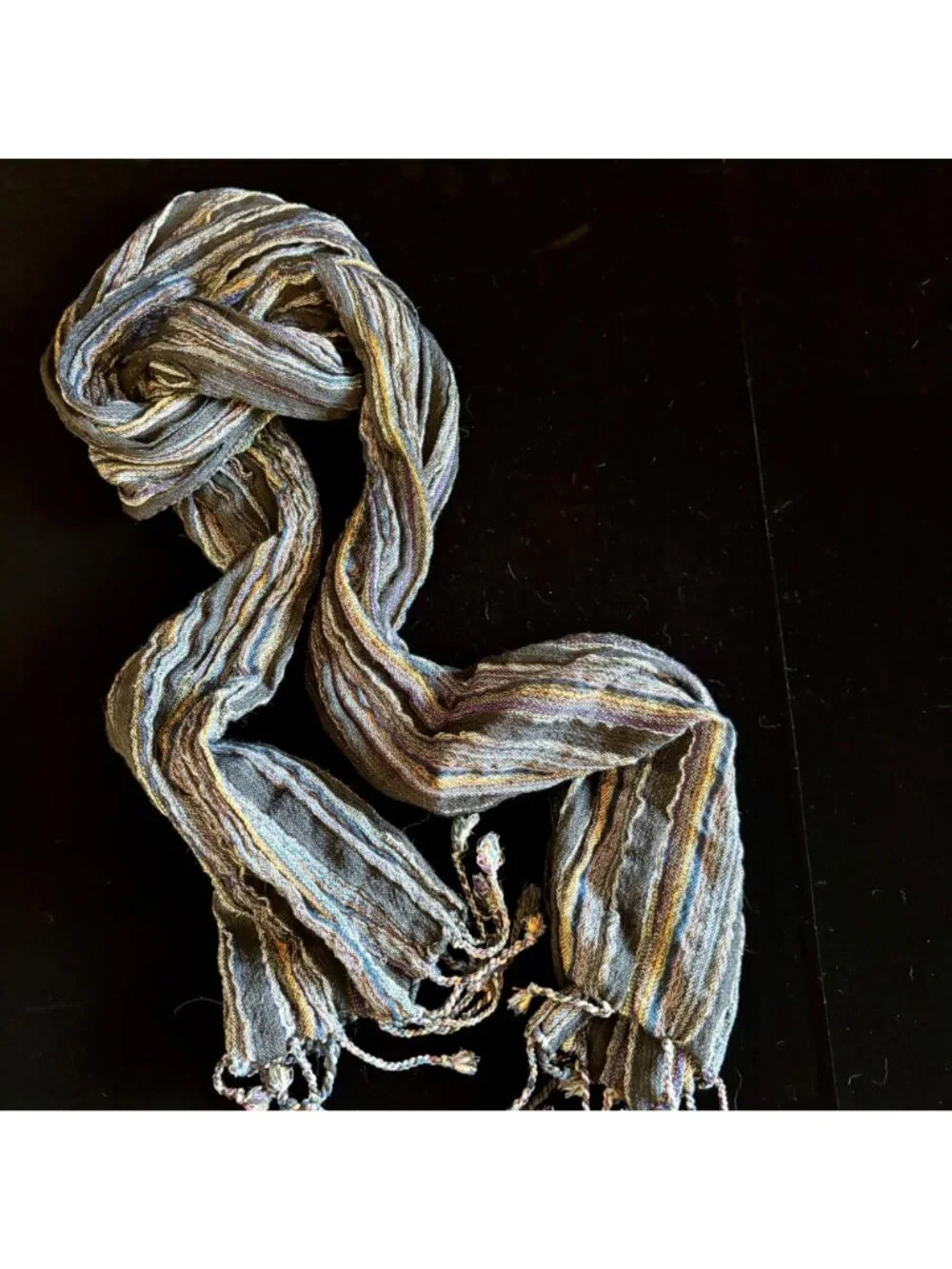 Scarf Striped Crinkle Knit Charcoal Gray Multi Color Fringe Lightweight Wrap